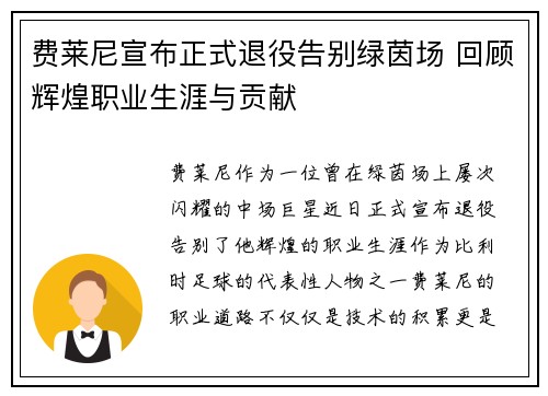 费莱尼宣布正式退役告别绿茵场 回顾辉煌职业生涯与贡献 费莱尼宣布正式退役告别绿茵场 回顾辉煌职业生涯与贡献
